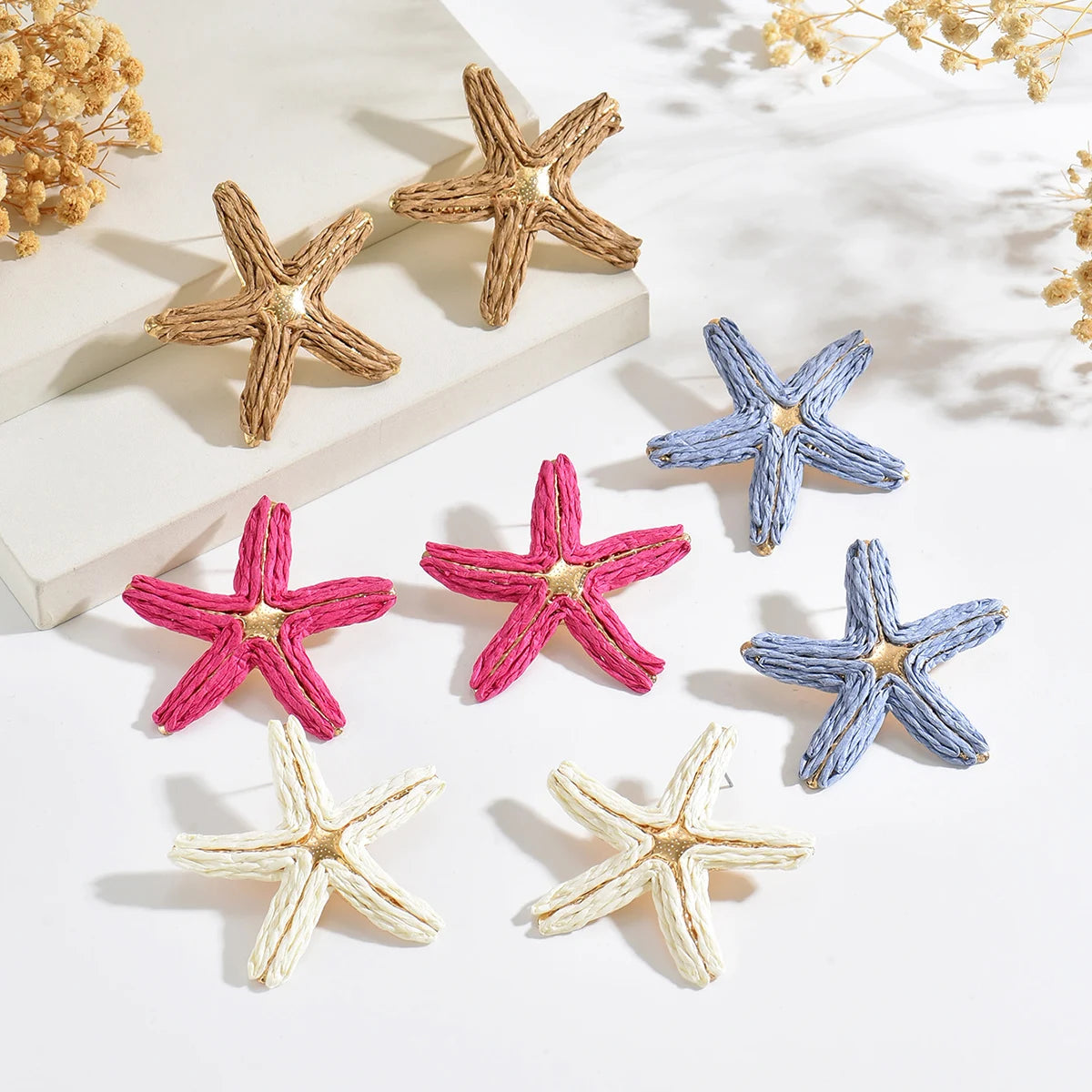 Vibrant Color Straw Woven Starfish Statement Earrings Gold Trim Ocean Star Raffia Ear Studs Bohemian Vacation Gift for Women