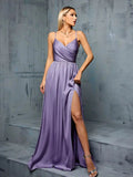 MGIACY V-neck halter-style irregularly pleated satin fabric slit dress with wide skirt for bridesmaids