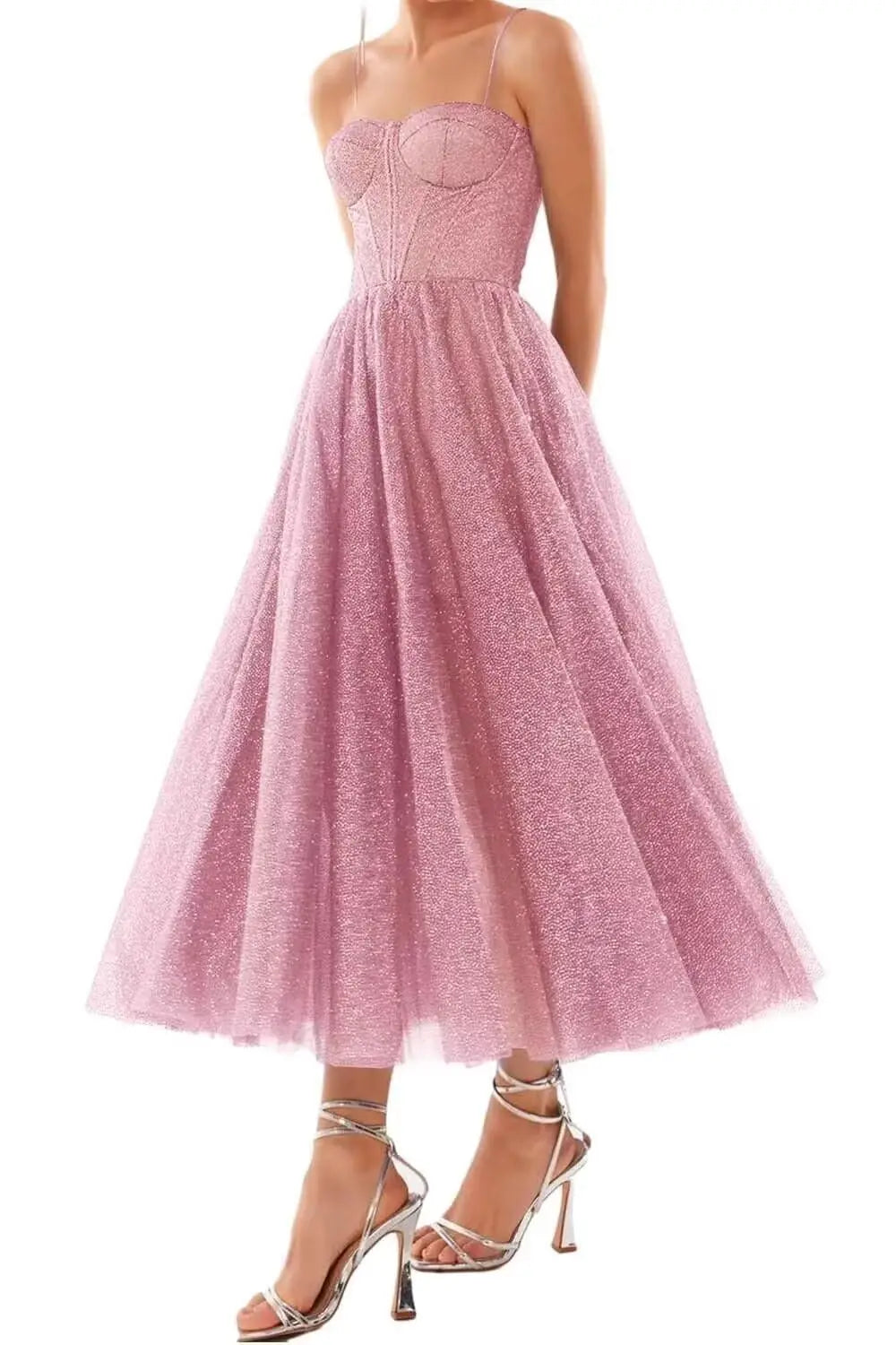A Line Glitter Tea Length Formal Evening Cocktail Party Dresses for Women, Sequined Spaghetti Midi Corset Prom Gowns Cocktail