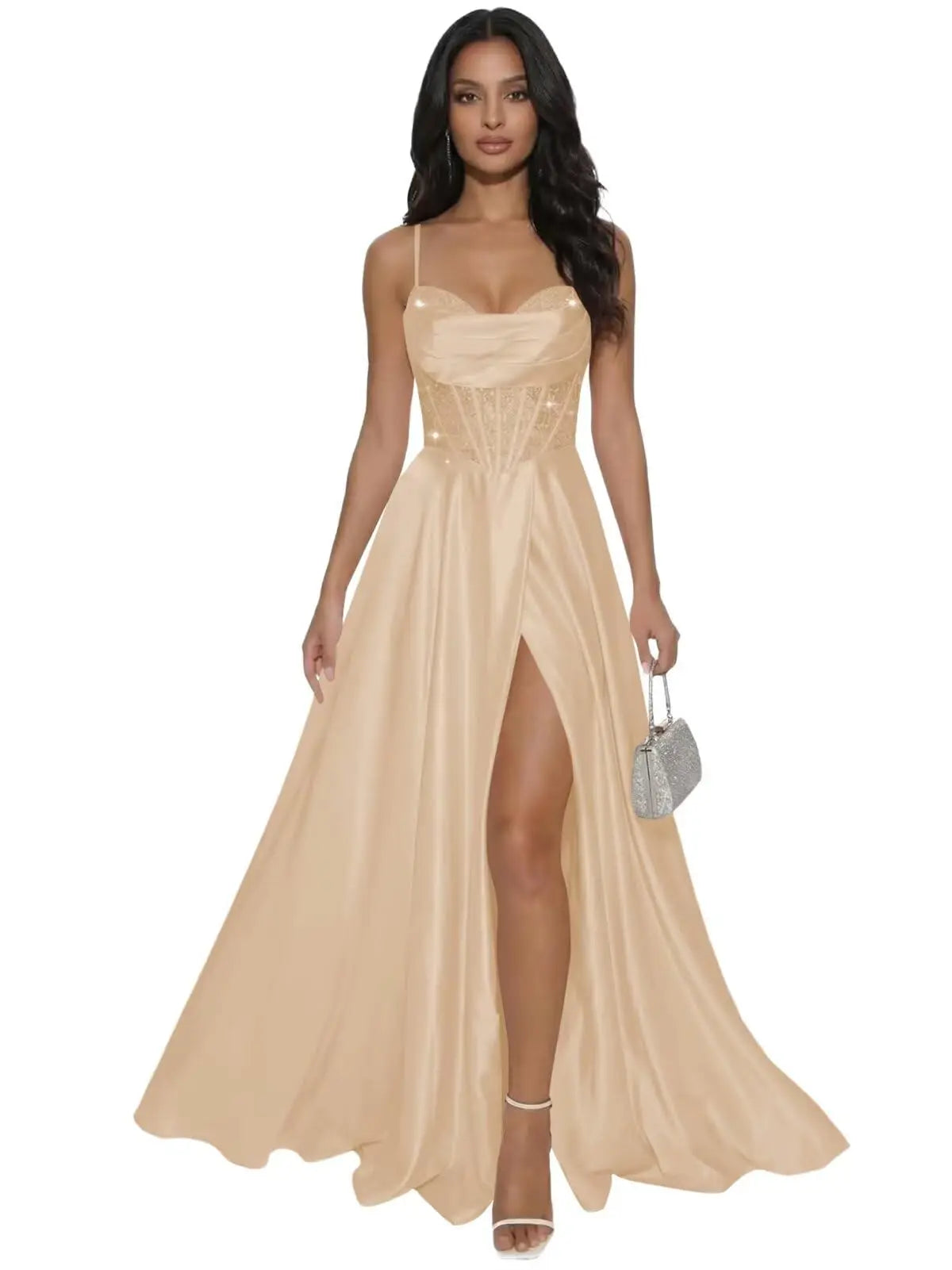 Pleated Satin A Line Prom Dresses for Women Spaghetti Straps Sequin Corset Formal Dress with Slit Formal Dress Women Elegant