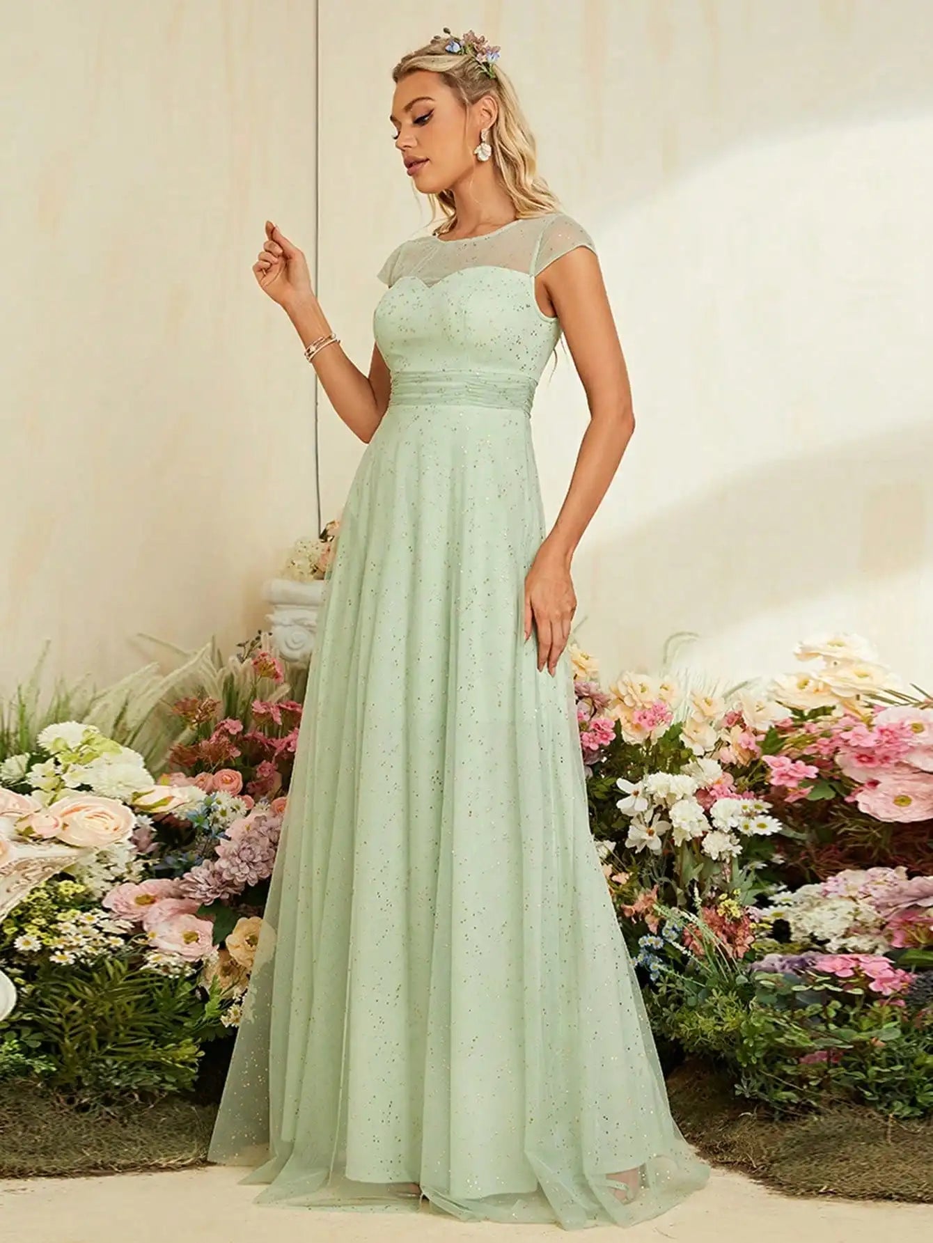 Mgiacy round neck short sleeve gold mesh full skirt Evening gown Ball dress Party dress