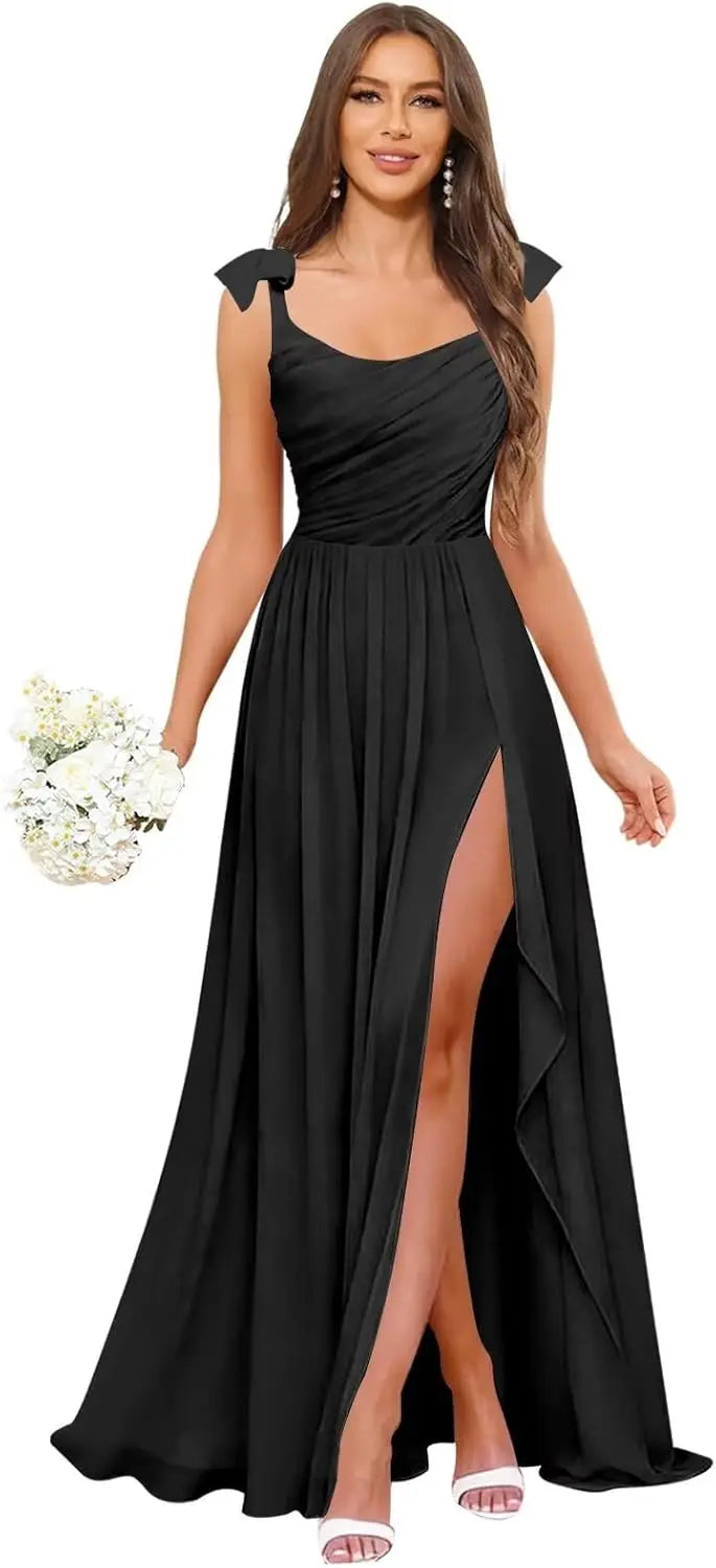 Square Neck Bridesmaid Dress with Ruffle Slit Chiffon Spaghetti Straps Ruched Bust Long Formal Prom Wedding Guest Gown