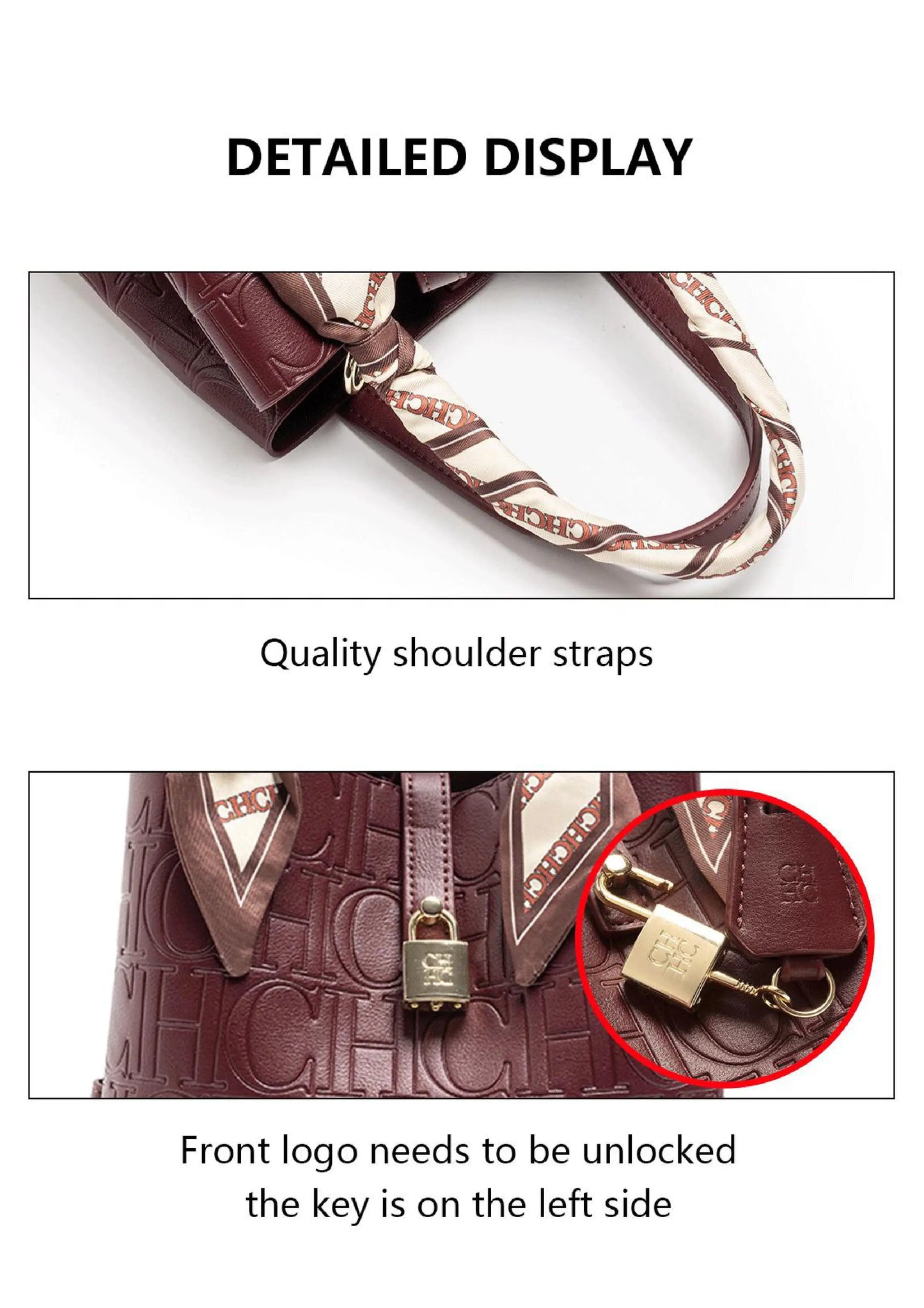 CH New Tote Bag Embossed Logo Silk Scarf Decor Lock Buckle Burgundy Fashion Women Casual Daily Handbag