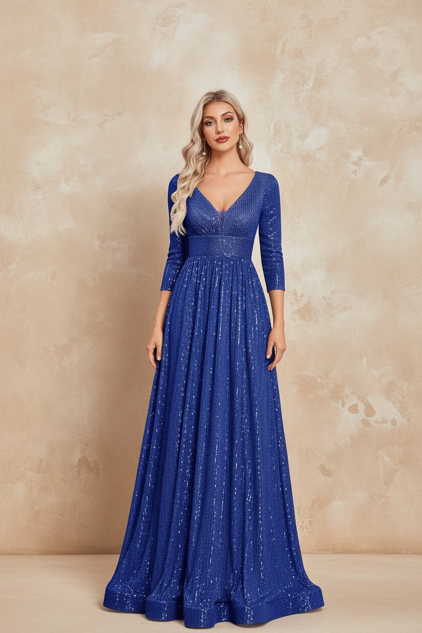 Luxury V Neck Long Sleeves Blue Sequins Formal Evening Dress Women 2024 Wedding Party Prom Maxi Cocktail Dress Gowns