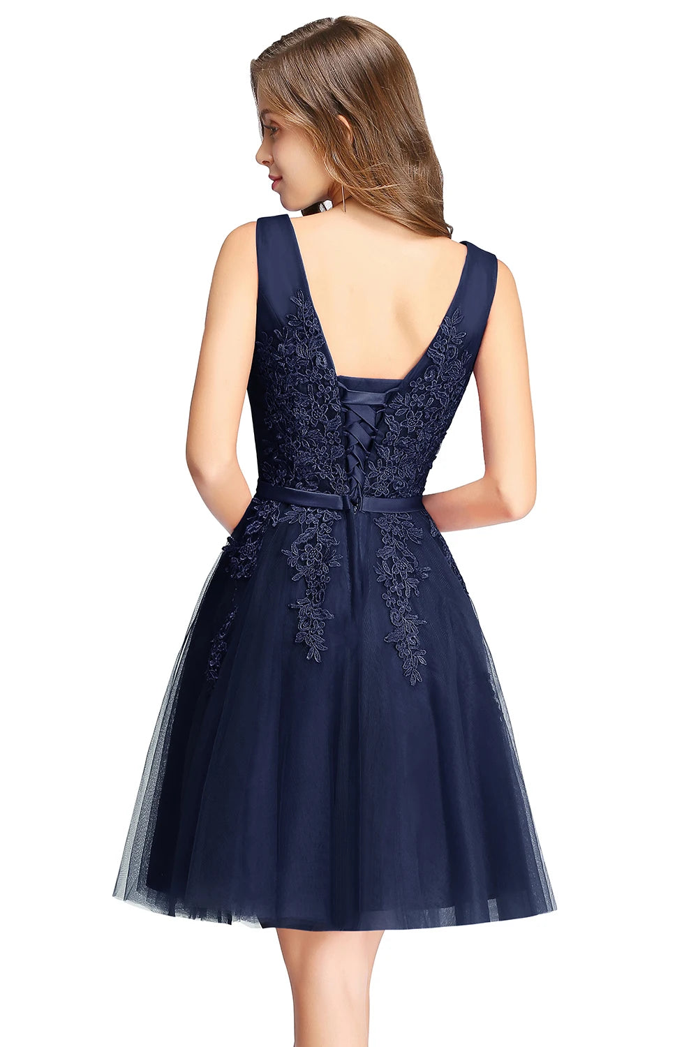 BABYONLINE Burgundy Bridesmaid Dresses with Lace Appliqué, V-Back & Flowy Tulle Skirt for Weddings,Elegant Short Party Dress