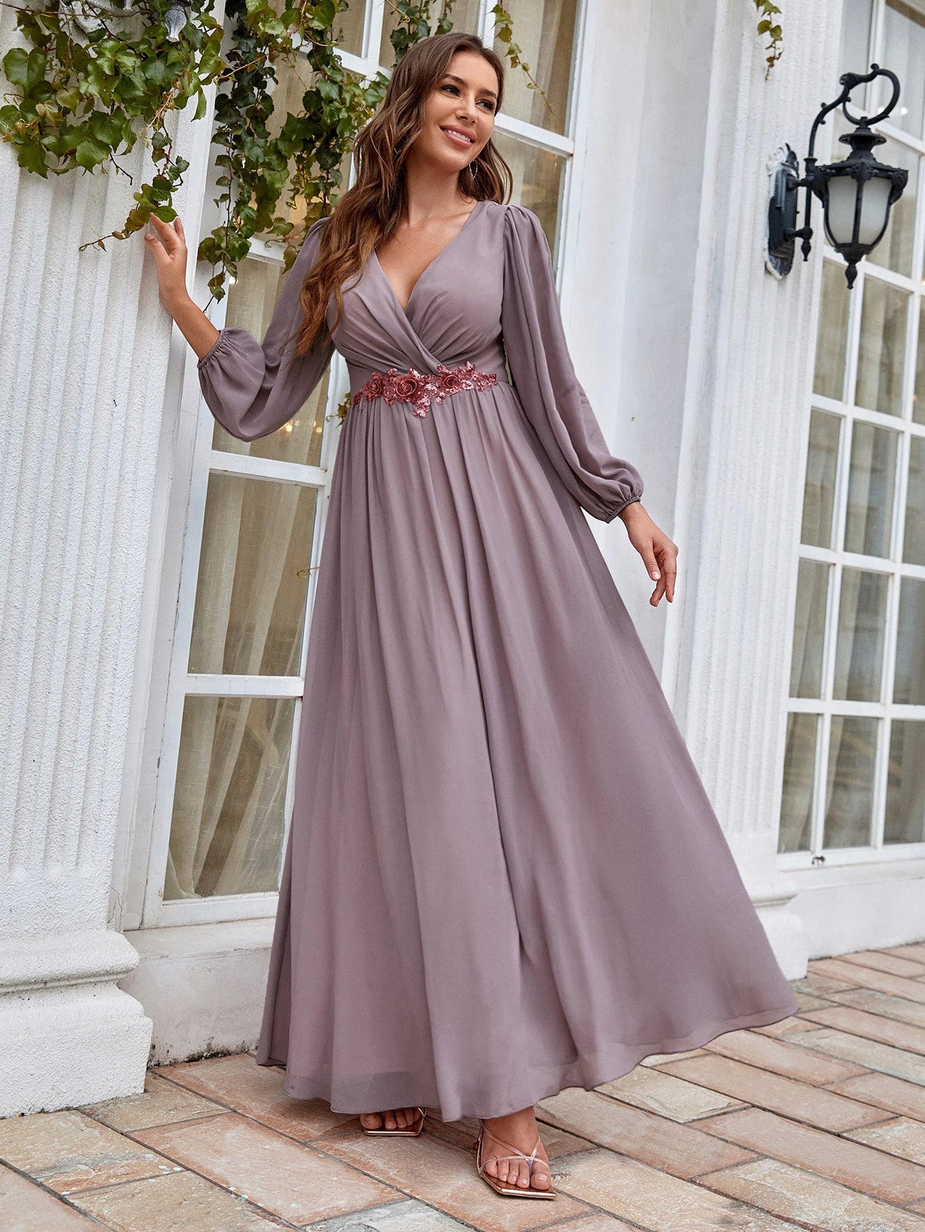 Mgiacy V-neck long sleeve beaded print extra long chiffon Dress