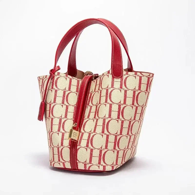 CH Tote Bag For Women Luxury Monogram Leather Handbag Fashion Top Handle Bag Elegant Lock Bucket Bag For Daily Commute