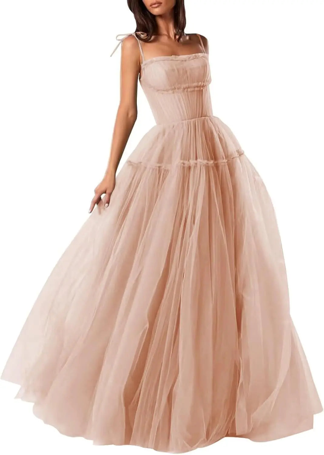 Women's Tulle Prom Dresses Spaghetti Straps Bridesmaid Dresses Long A Line Foraml Evening Party Gowns Tiered Fluffy Skirt Dress