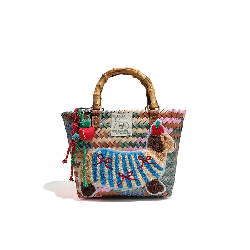 Retro Striped Dachshund Dog Woven Bag Handbag Nylon Rope Pendant Tote Bag Hand Bag Women's Bag Beach Bag