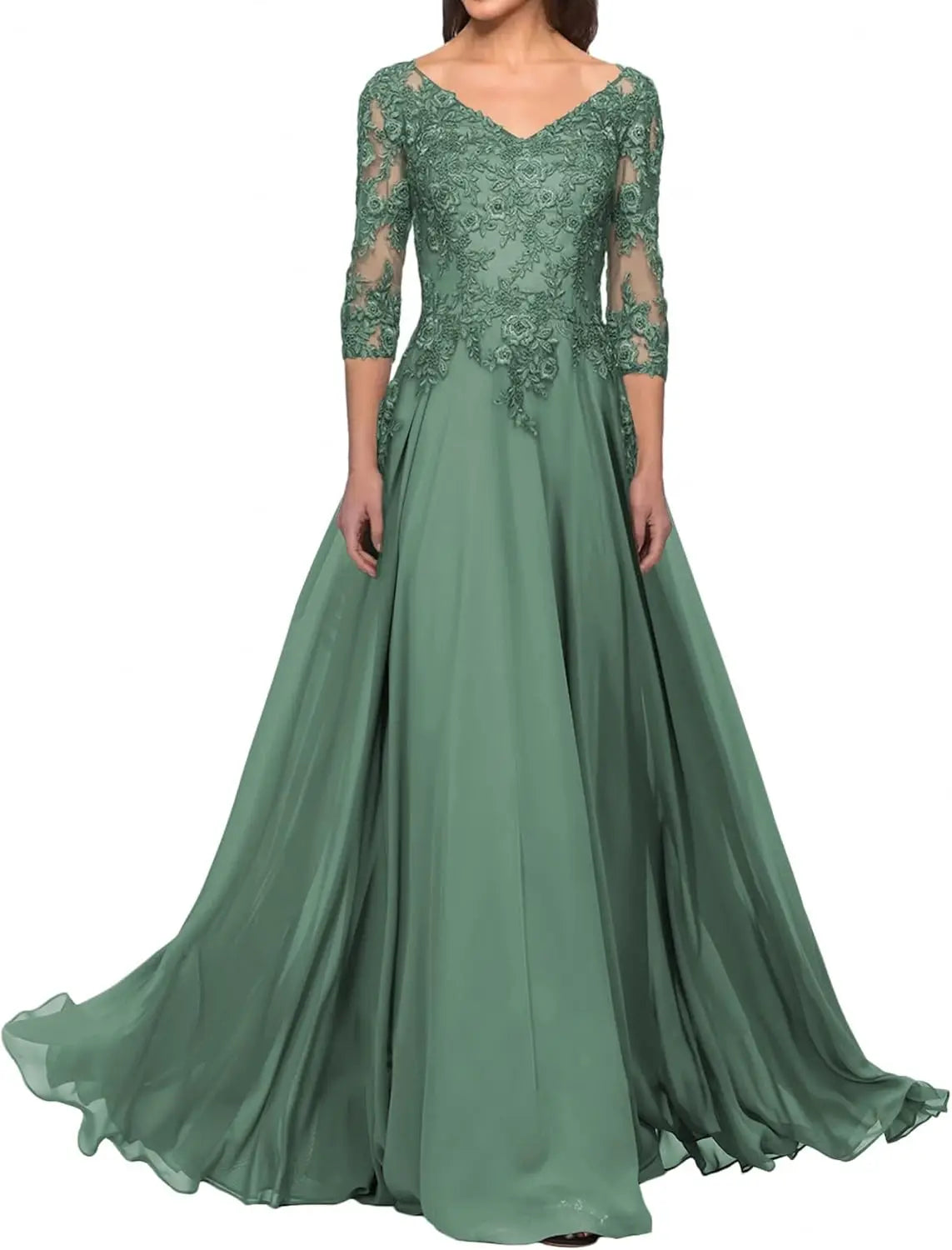 Elegant V Neck Lace Applique 3/4 Sleeve Mother of The Bride Dresses Chiffon A-Line Formal Evening Party Gowns