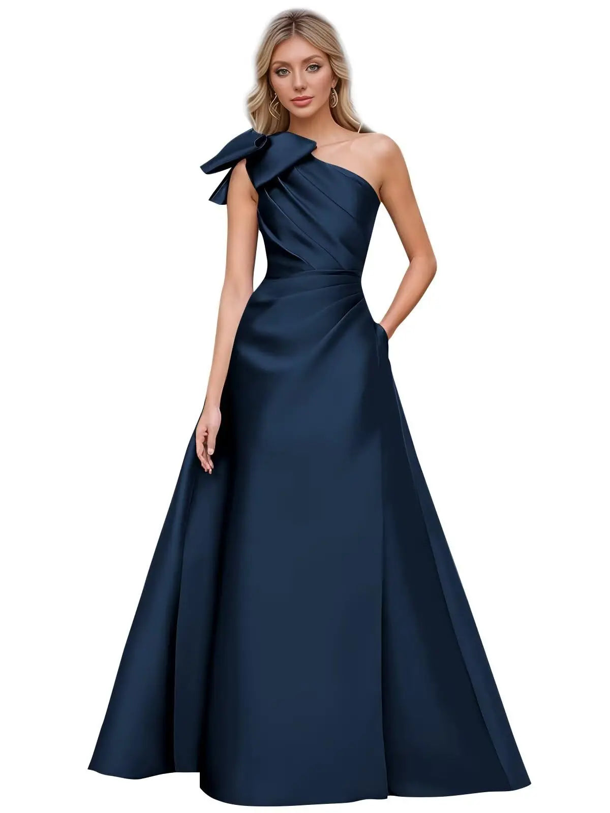Women’s One Shoulder Prom Dresses Satin Mother of The Bride Dresses A Line Modest Formal Evening Gown with Bow