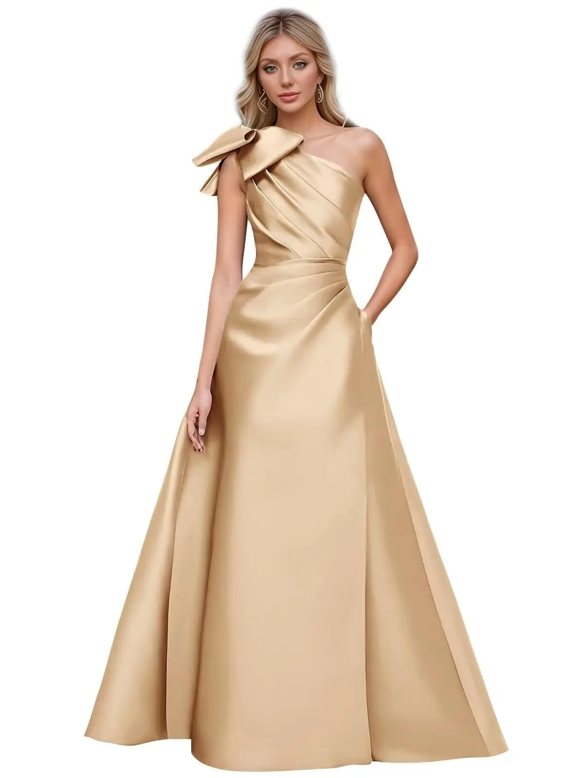 Women’s One Shoulder Prom Dresses Satin Mother of The Bride Dresses A Line Modest Formal Evening Gown with Bow