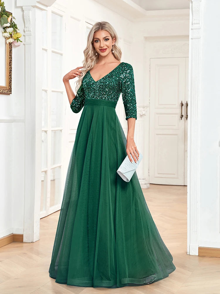 Luxury Green Floor Length V-Neck Evening Dress 2025 Women Elegant Party Maxi Dress Sequin Short Sleeves Prom Cocktail Gowns