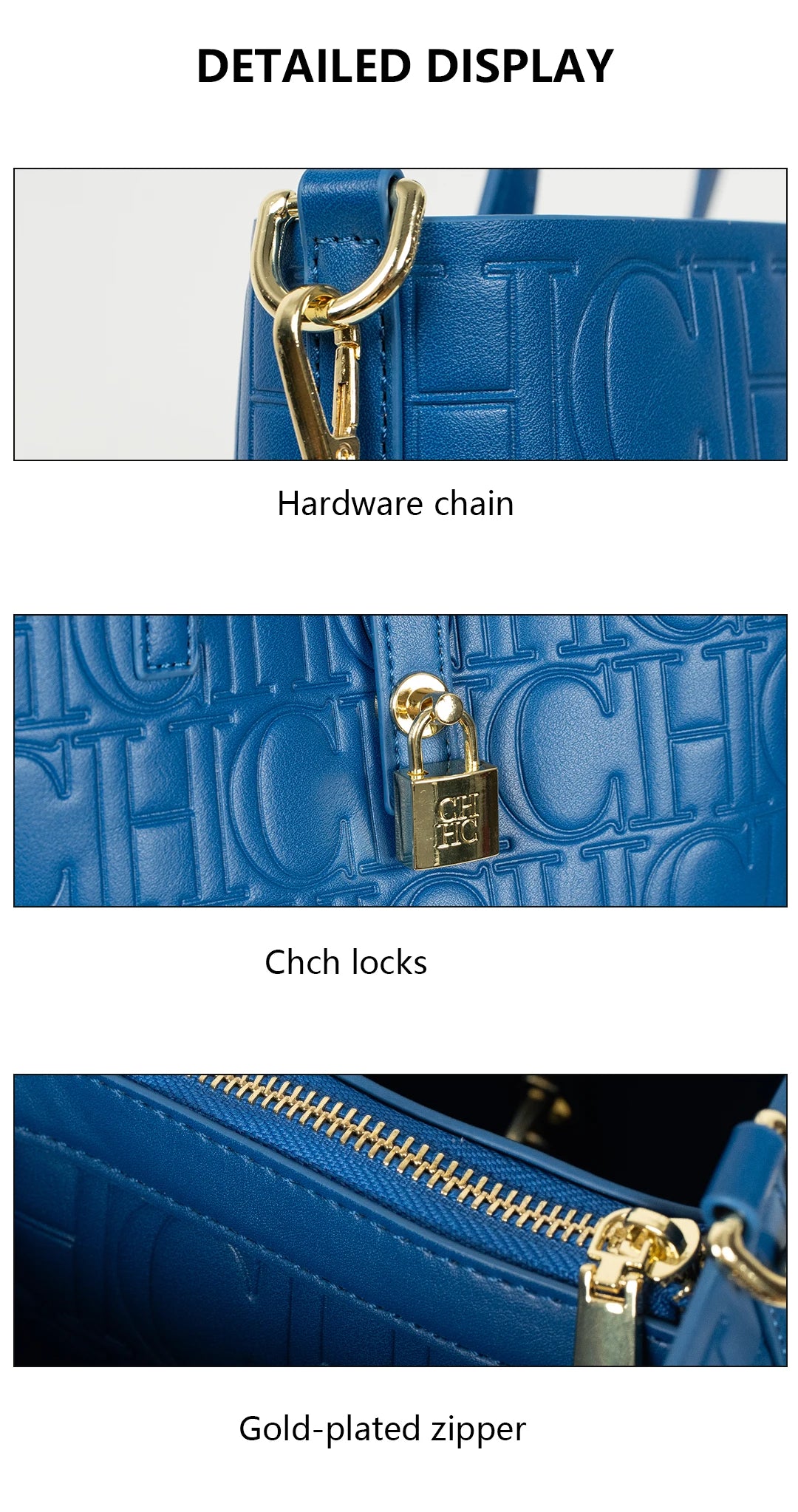 CH Embossed Monogram Tote Handbag Detachable Crossbody Strap Gold Lock Hardware Daily Fashion Women Bag
