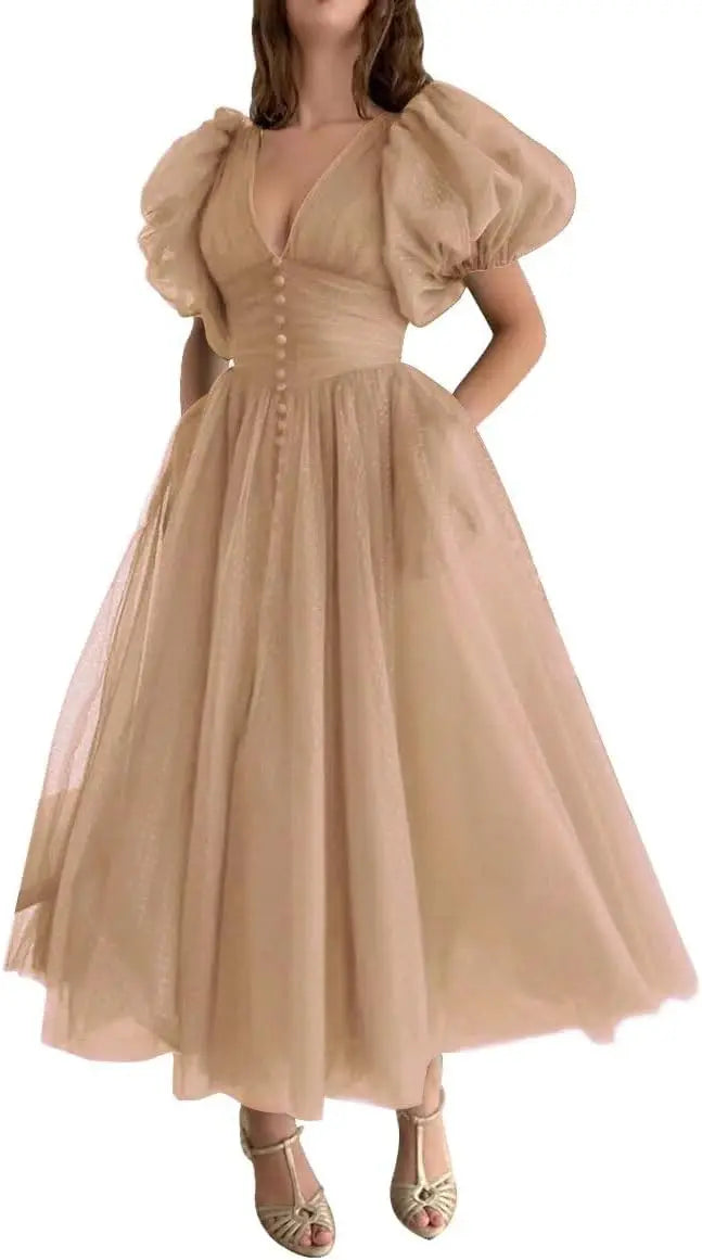 Puffy Sleeve Prom Dresses for Women Dotted Tulle V Neck Formal Evening Party Gowns Tea Length Formal Dress Women Elegant