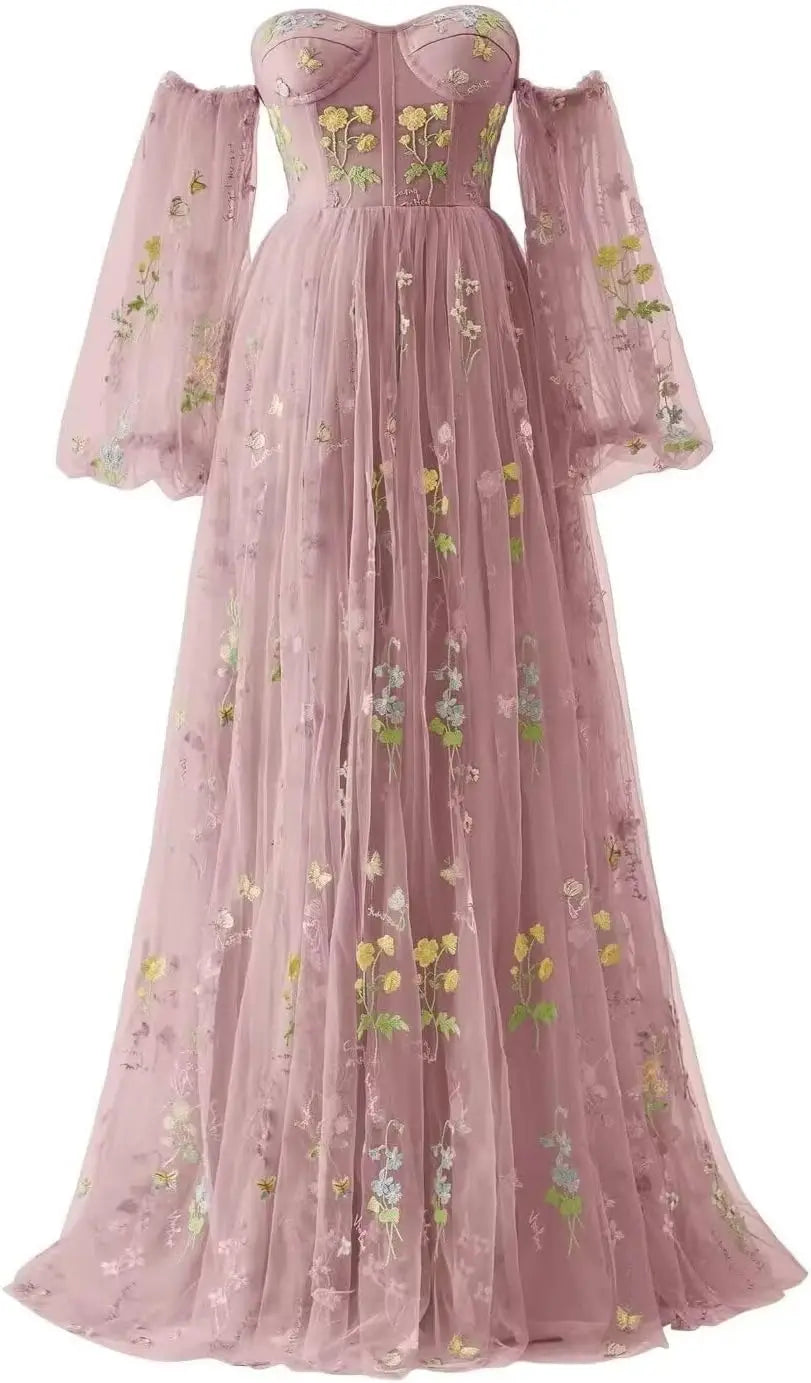 Tulle Prom Dresses for Women Flower Embroidery A-Line Formal Evening Party Gowns Formal Dress Women Elegant Evening Dress