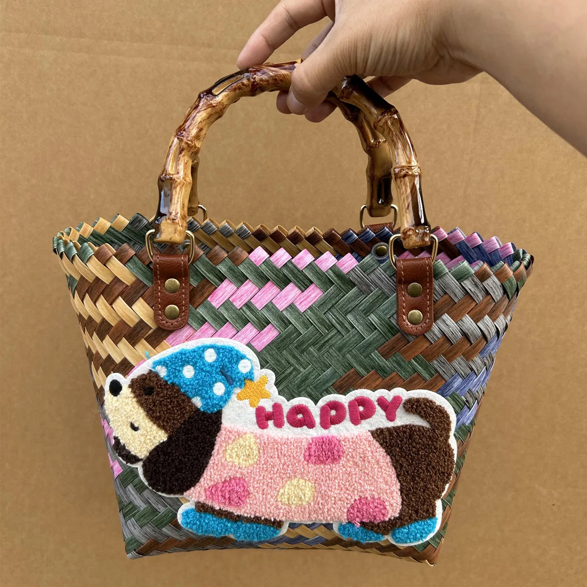 Retro Striped Dachshund Dog Woven Bag Handbag Nylon Rope Pendant Tote Bag Hand Bag Women's Bag Beach Bag