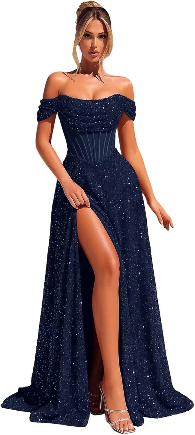 Customized Sparkly Sequins Prom Dresses for Women Off Shoulder Strapless A Line Formal Evening Dress with Side Slit