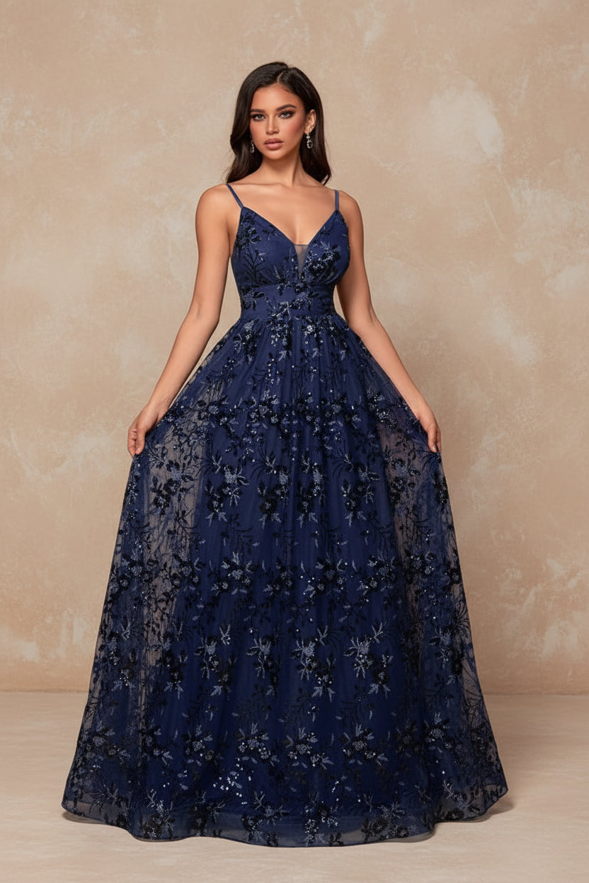 Elegant Sequins Sexy Backless Evening Dress For Women Deep V-neck Prom Party  Dress Floor Length Blue Formal Gowns