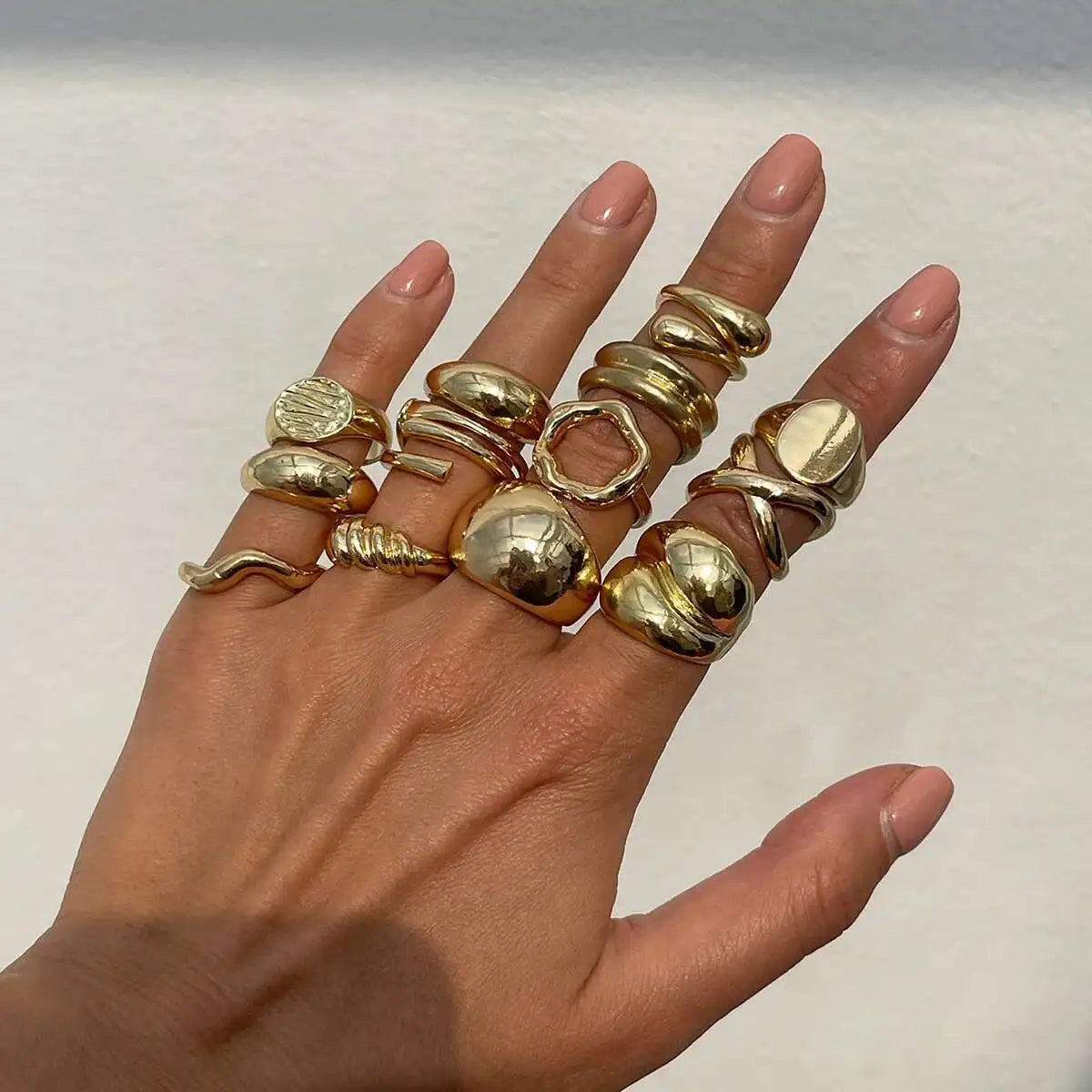 Salircon 14Pcs/Set Unique Creative Smooth Water Drop Rings for Women 2025 Punk Geometric Adjustable Finger Ring Couple Jewelry