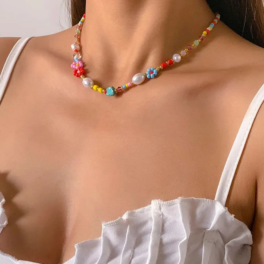Salircon Baroque imitation Pearls Cute Flower Colorful Handwoven Beaded Short Clavicle Chain Choker Necklace Women Girls Jewelry