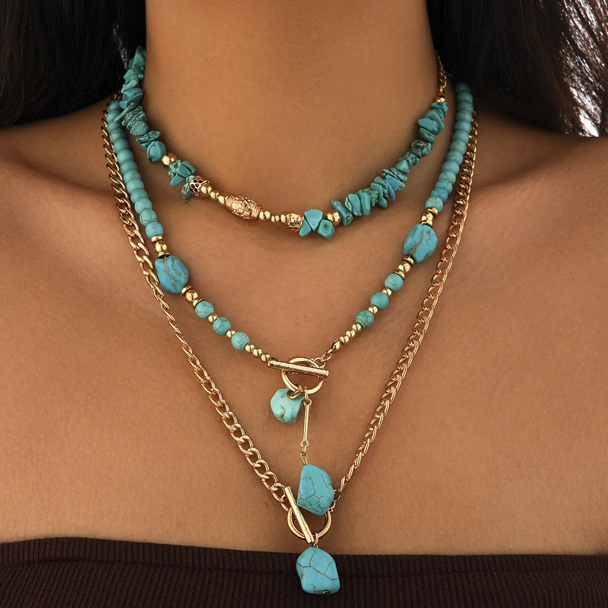 KunJoe 3Pcs Vintage Blue Natural Stone Beads Choker Necklaces for Women Bohemia Geometry Pendant Necklace Trendy Neck Jewelry