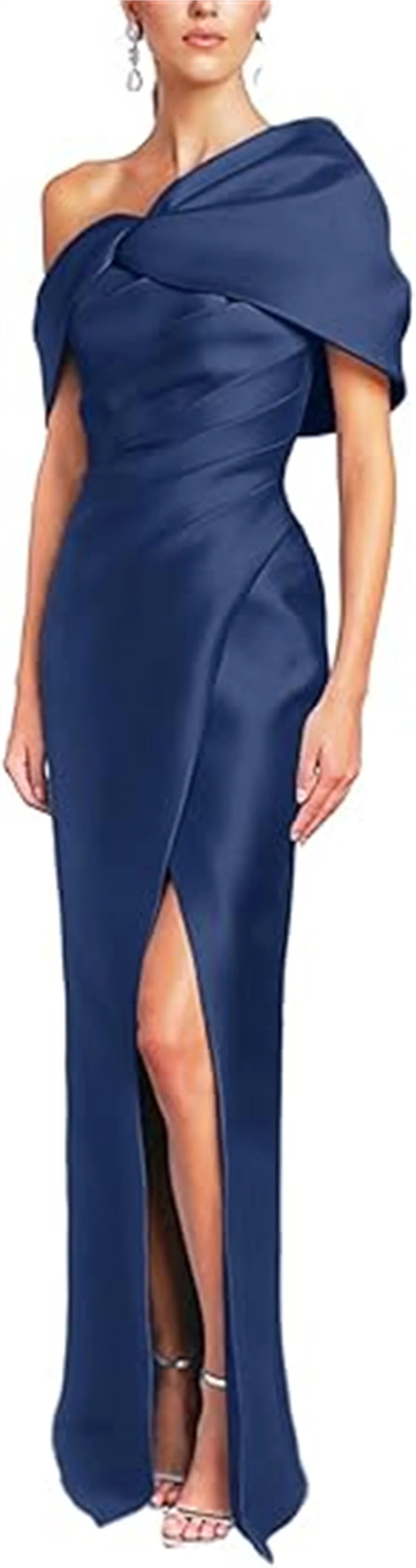 Women Mermaid Satin Floor Length Evening Gowns Sheath High Side Slit One Shoulder Ruched Backless Wedding Guest Dress