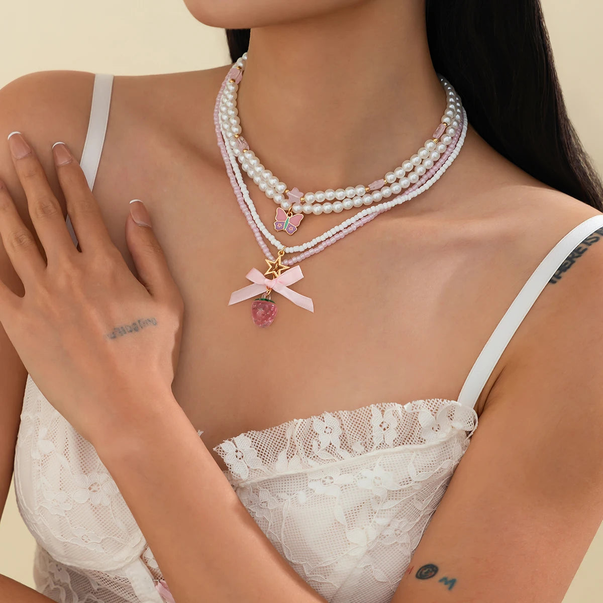 Salircon Romantic Lovely Pink Strawberry Bowkont Pendant Women Necklace Set Elegant Multilayer Imitation Pearl Choker Jewelry