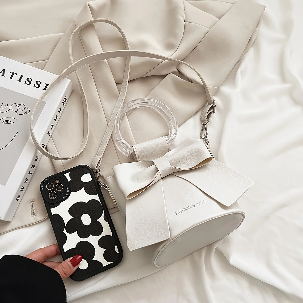 Stylish Women's Bucket Bag with Detachable Strap and Elegant Bow Accent Casual Shoulder Crossbody Bag, Summer Handbag Purse