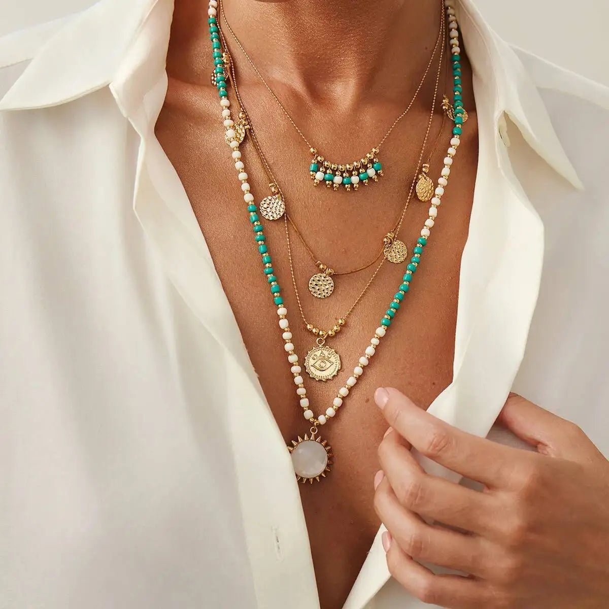 Salircon 2Pcs/set Boho Ethnic Green White Rice Bead Layered Necklace for Women Vintage Sun Metal Eye Pendant Necklace Jewelry