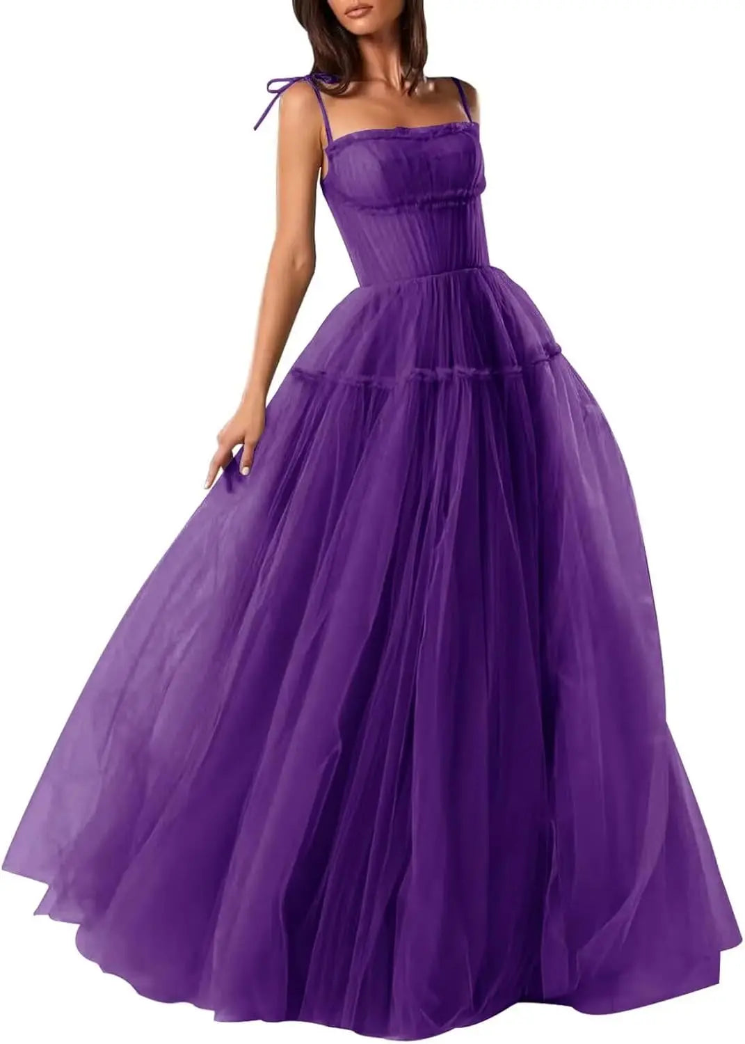 Women's Tulle Prom Dresses Spaghetti Straps Bridesmaid Dresses Long A Line Foraml Evening Party Gowns Tiered Fluffy Skirt Dress