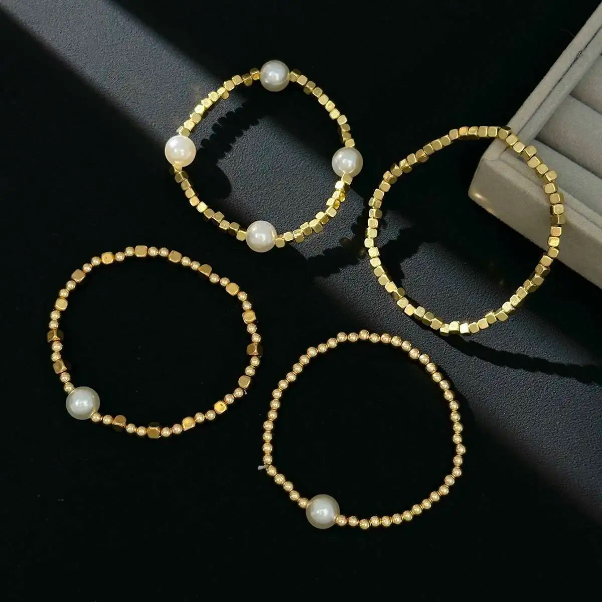 Salircon 4 Pcs/Set Bohemian Imitation Pearl CCB Beaded Bracelets for Women Vintage Handmade Stretch Bangle Couple Trendy Jewelry