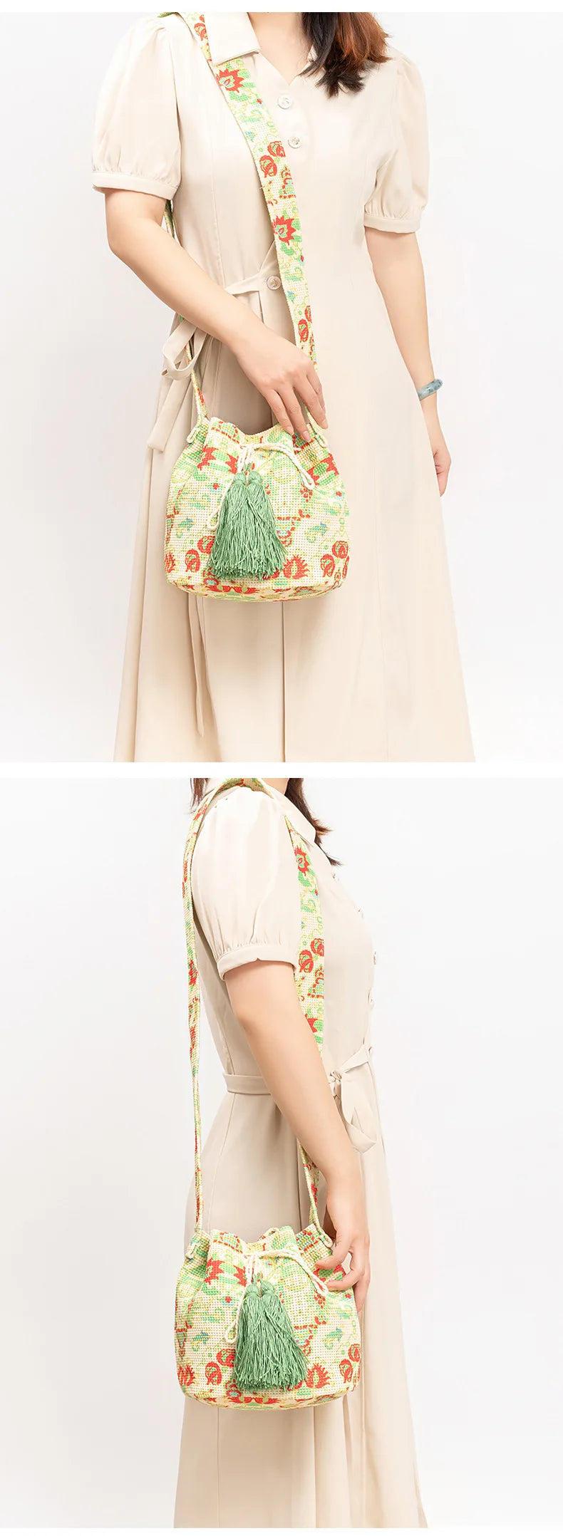 Boho style embroidered bucket bag