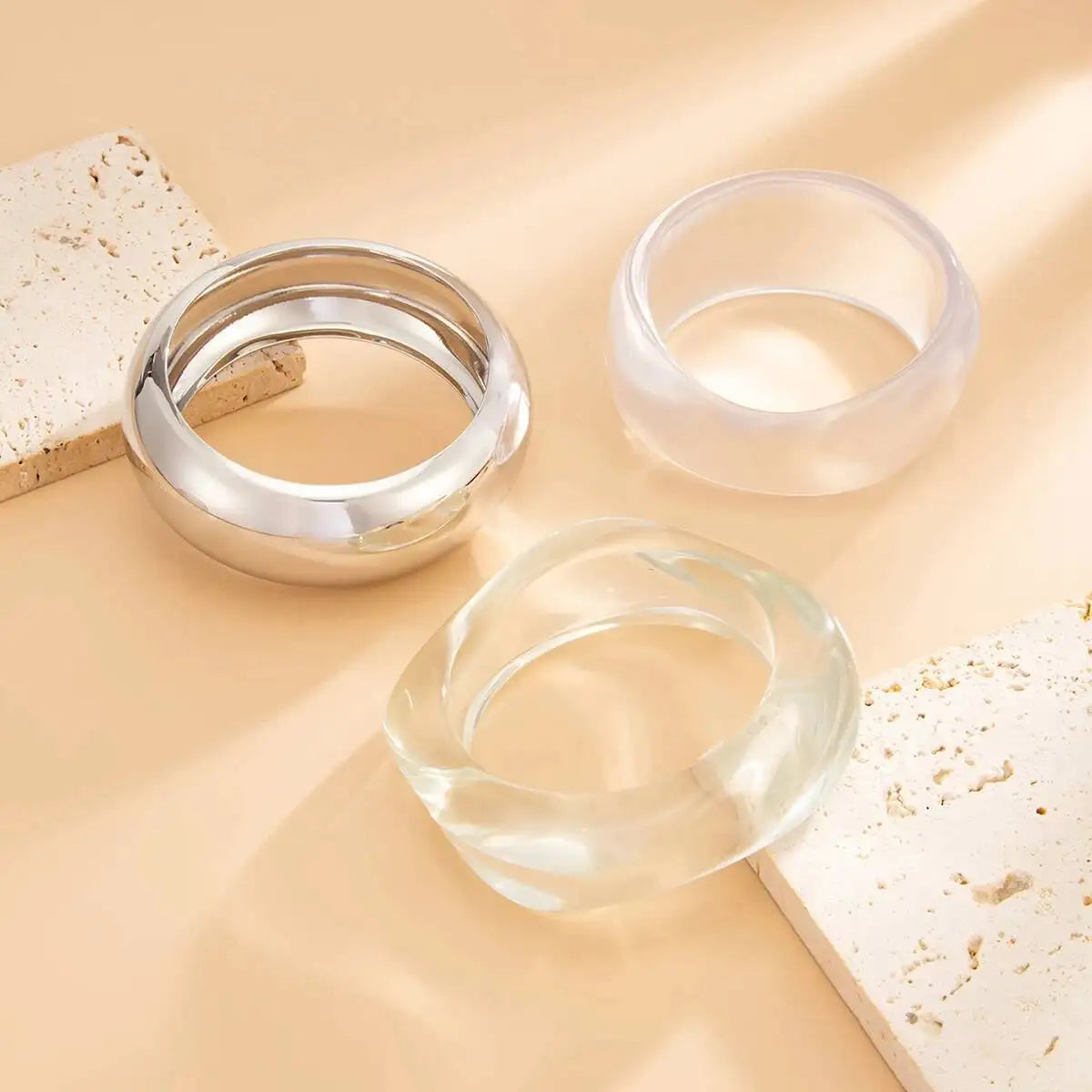 Salircon 3 Styles Punk Geometric Clear Acrylic Resin Wide Bangles for Women Trendy Silver Color Metal Bracelets Couple Jewelry