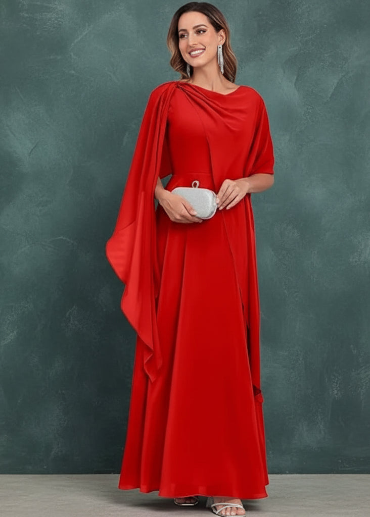 Scoop Neck Mother of The Bride Dresses Cape Shawl Ruffle Long Formal Evening Gowns Chiffon A Line Wedding Guest Bridesmaid Dress