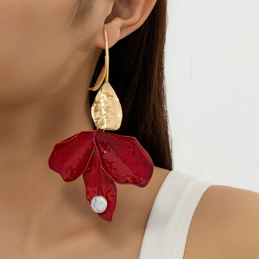 Vintage Red Drip Oil Flower Long Tassel Pendant Earrings
