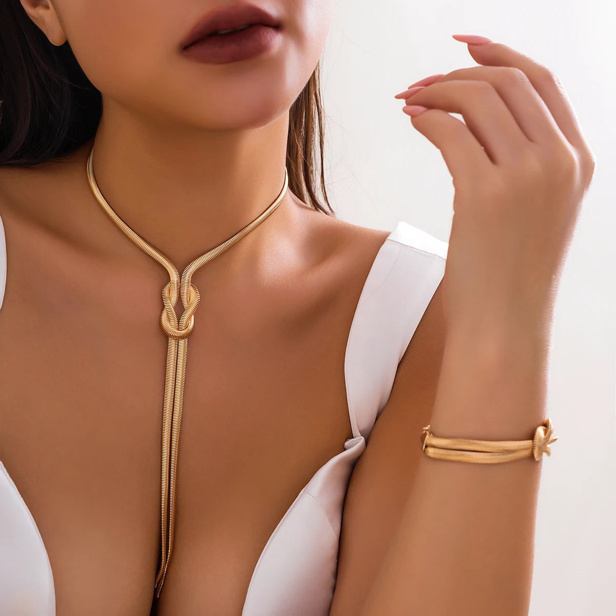 Salircon Gothic Punk Metal Flat Snake Chain Chest Necklace Women's Sexy Tie Long Tassel Necklace Aesthetics Party Set Jewelry