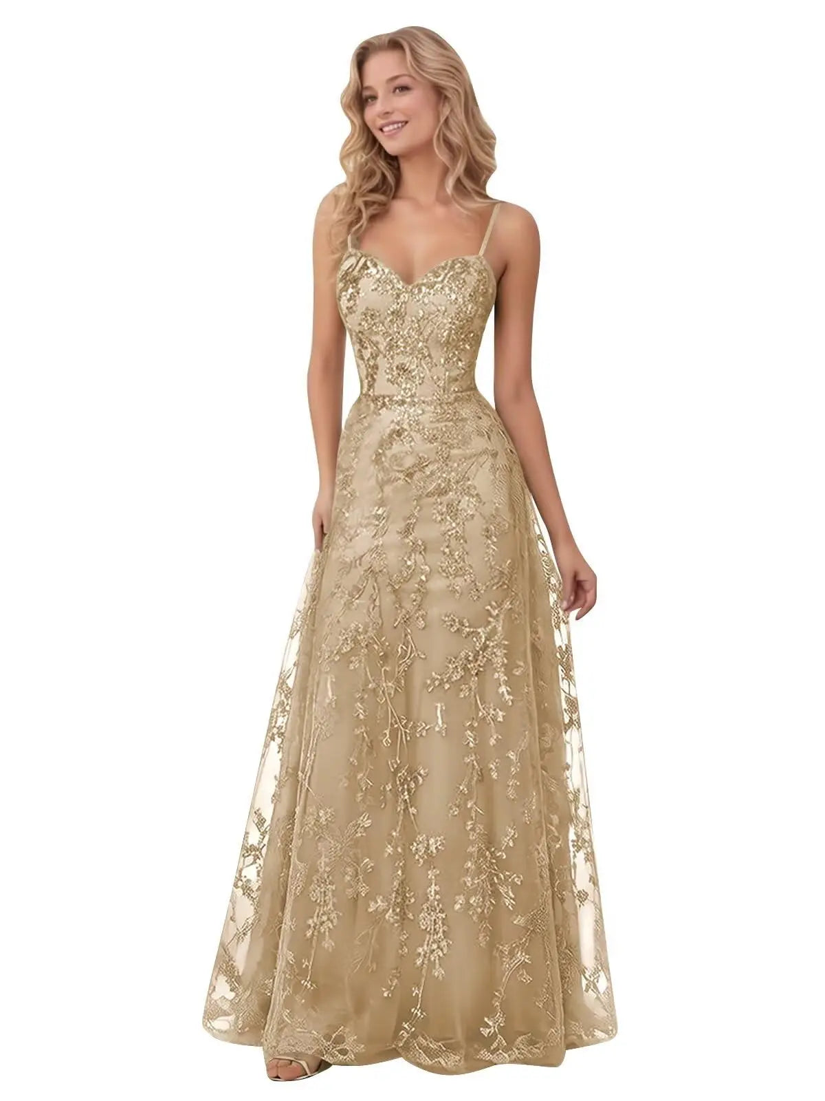 Tulle Formal Dress Laces Spaghetti Strap Sparkly Prom Dress for Women Long Evening Party Gown Formal Dress Women Elegant