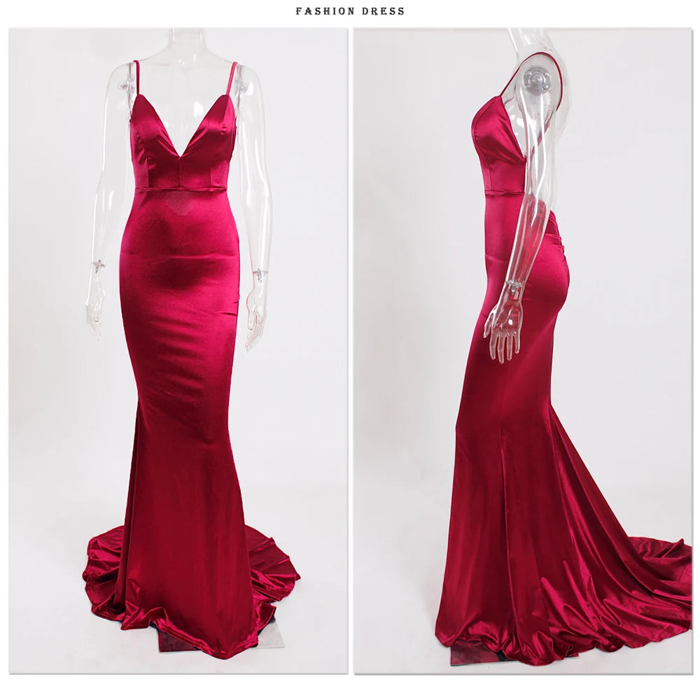 Romagic Burgundy Satin V Neck Evening Gown Bridesmaid Dresses Spaghetti Strap Floor Length Padded Stretchy Wedding Party Dress