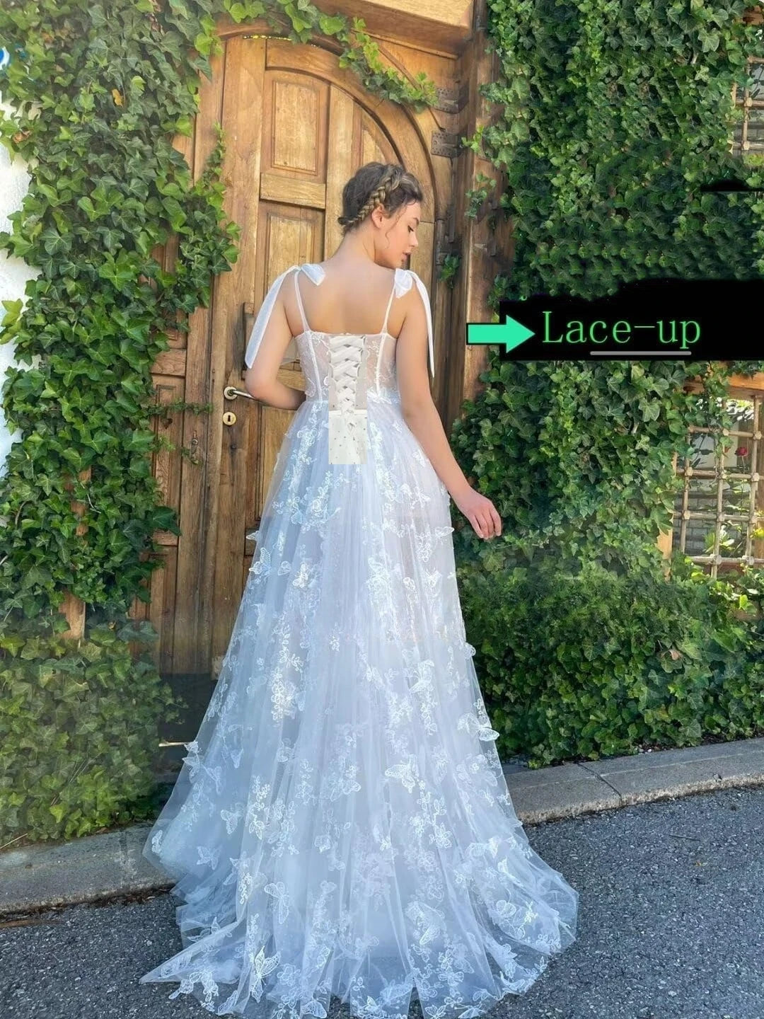 3D Butterfly Tulle Corset Prom Dresses for Teens Formal Fairy Ball Gowns Spaghetti Straps Evening Gown with Slit Party Dresses