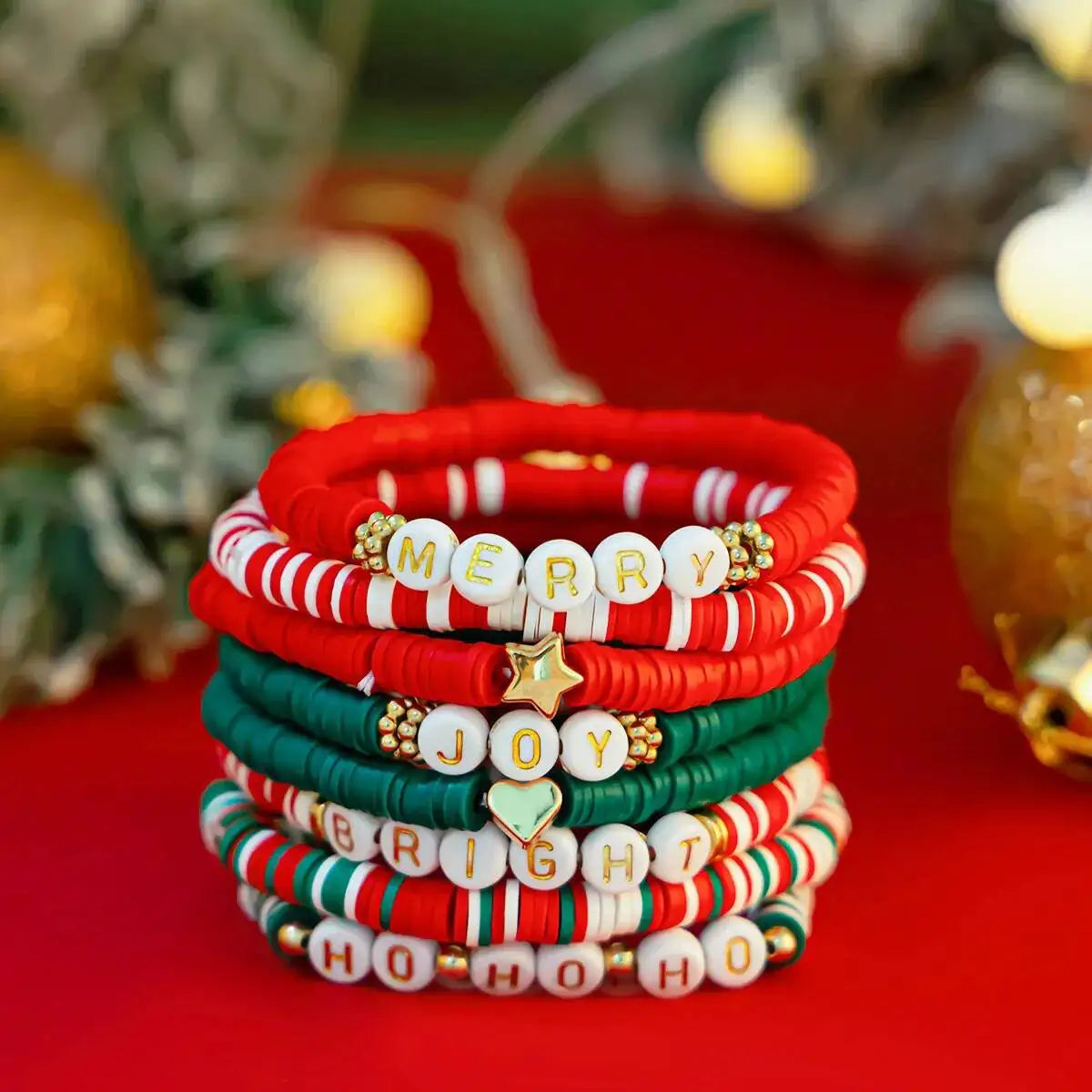 Salircon 8 Pcs Y2K Christmas Series Polymer Clay Bead Adjustable Bangles Women New Year Elastic Stackable Bracelets Jewelry Gift