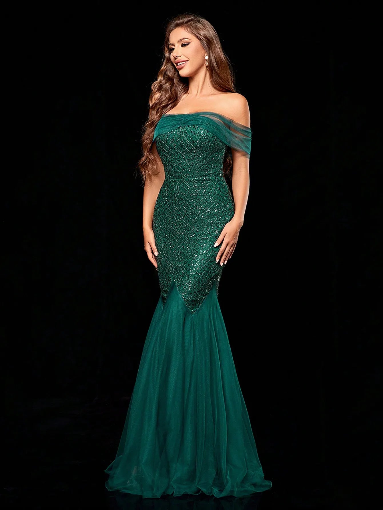 Mgiacy Straight shoulder mesh slim sequin mesh slit fishtail skirt