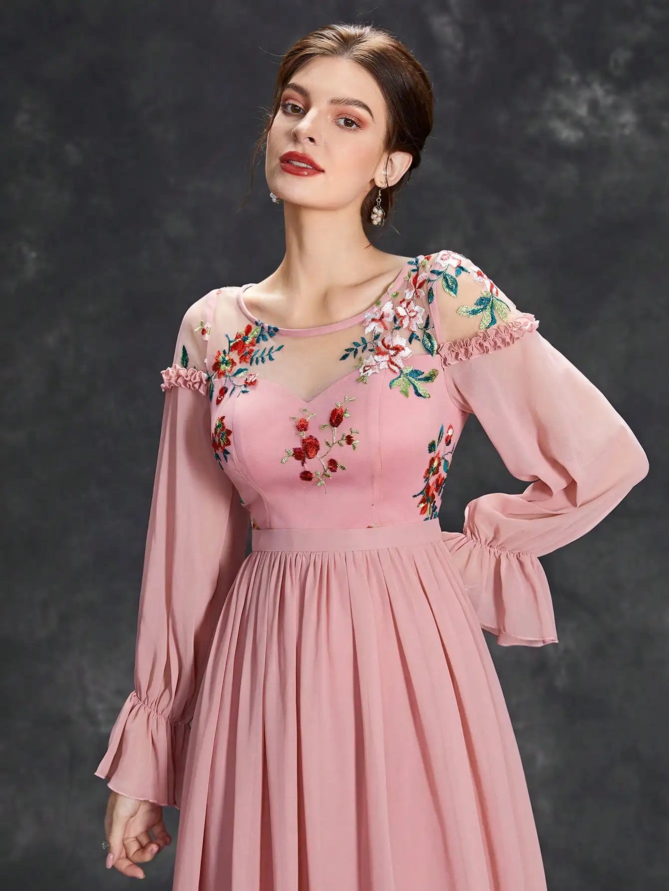 Mgiacy Round neck Color embroidered half-through chiffon chiffon long sleeve dress Ball Dress Party dress Bridesmaid dress