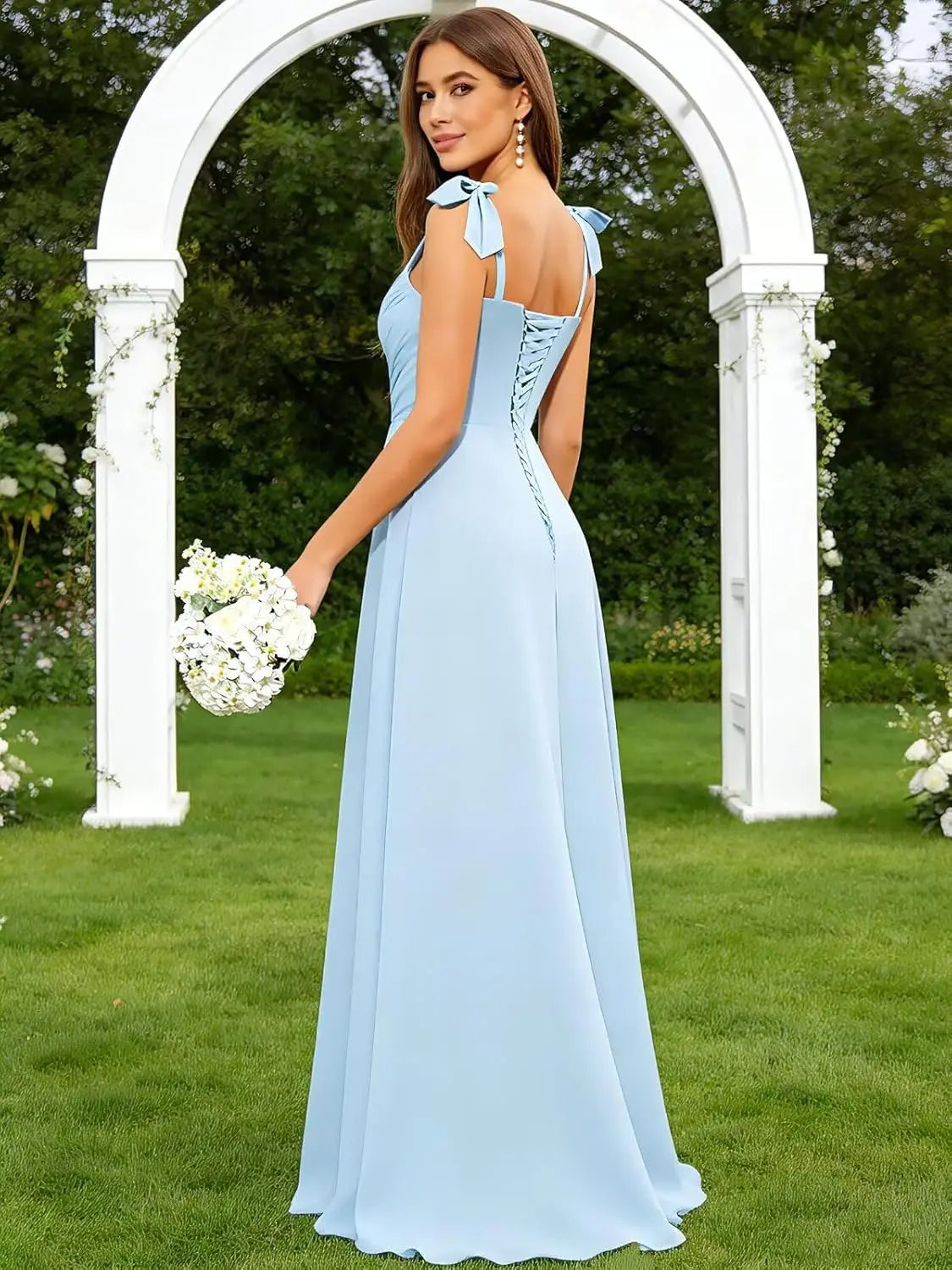 Square Neck Bridesmaid Dress with Ruffle Slit Chiffon Spaghetti Straps Ruched Bust Long Formal Prom Wedding Guest Gown