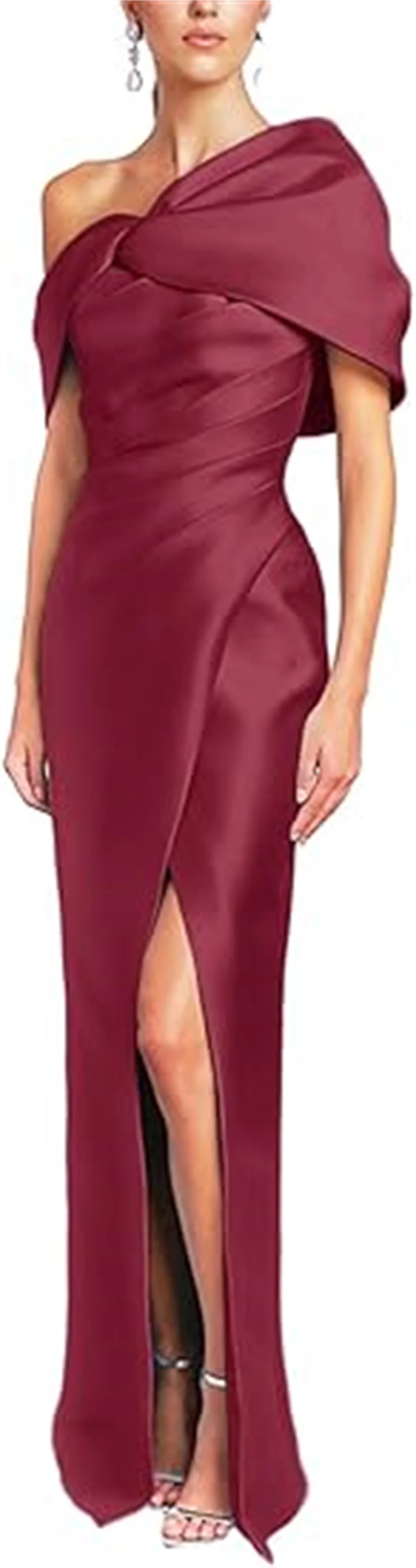 Women Mermaid Satin Floor Length Evening Gowns Sheath High Side Slit One Shoulder Ruched Backless Wedding Guest Dress