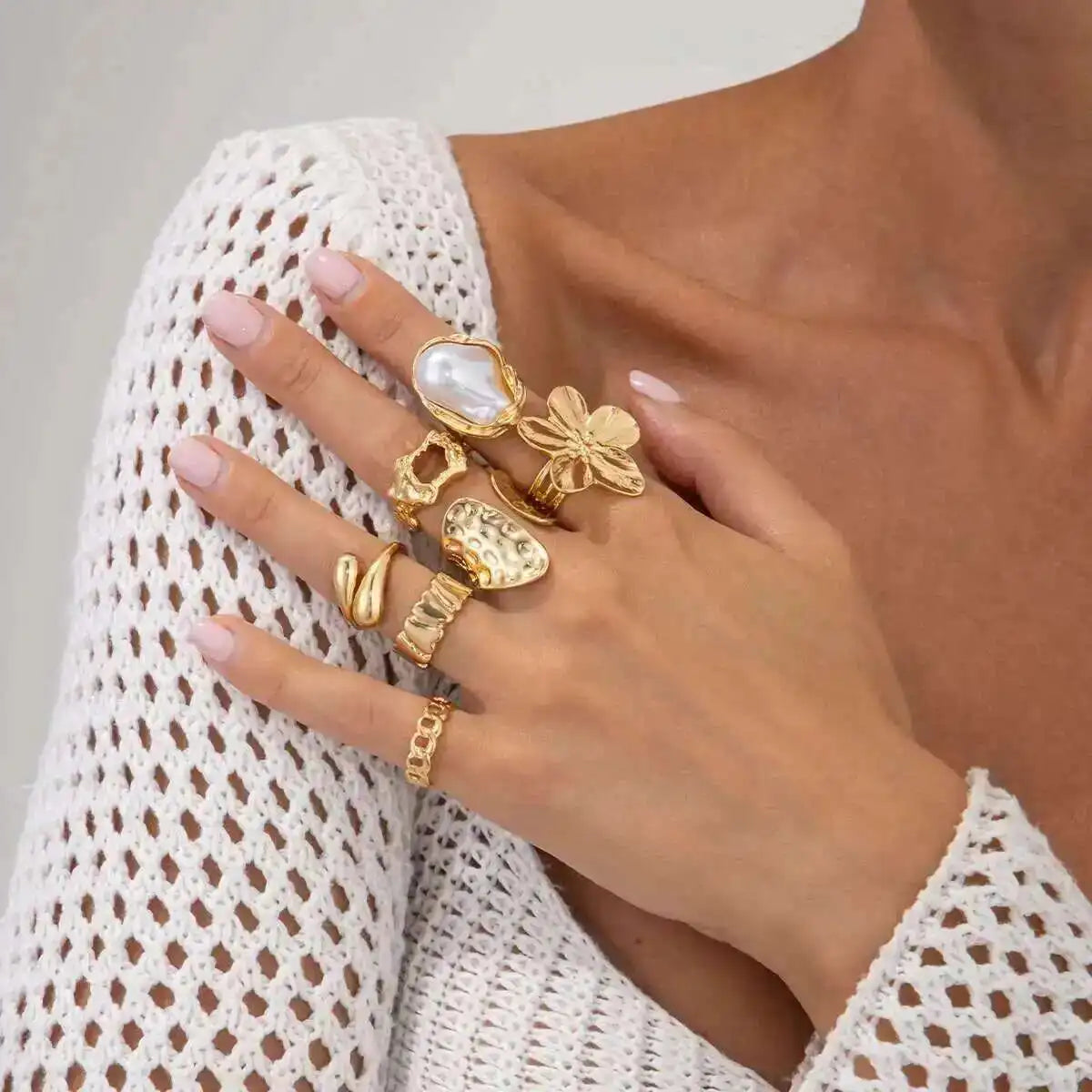 KunJoe 7Pcs/Set Imitation Pearl White Flower Open Ring for Women Trendy Geometry Water Drop Adjustable Finger Ring Jewelry Gift