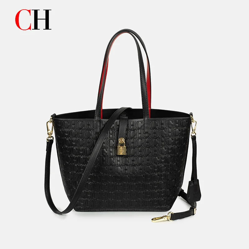 CH Embossed Monogram Tote Handbag Detachable Crossbody Strap Gold Lock Hardware Daily Fashion Women Bag