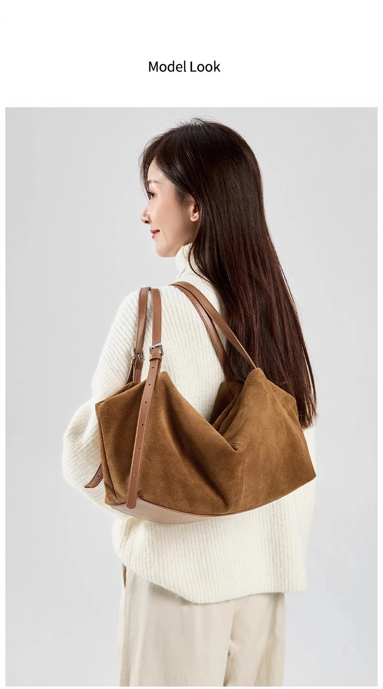 Women's Natural Nuede Genuine Leather Handbags Ladies large capacity Tote Bag Female Design Luxury Commuting Yoga Bag  hobo bag