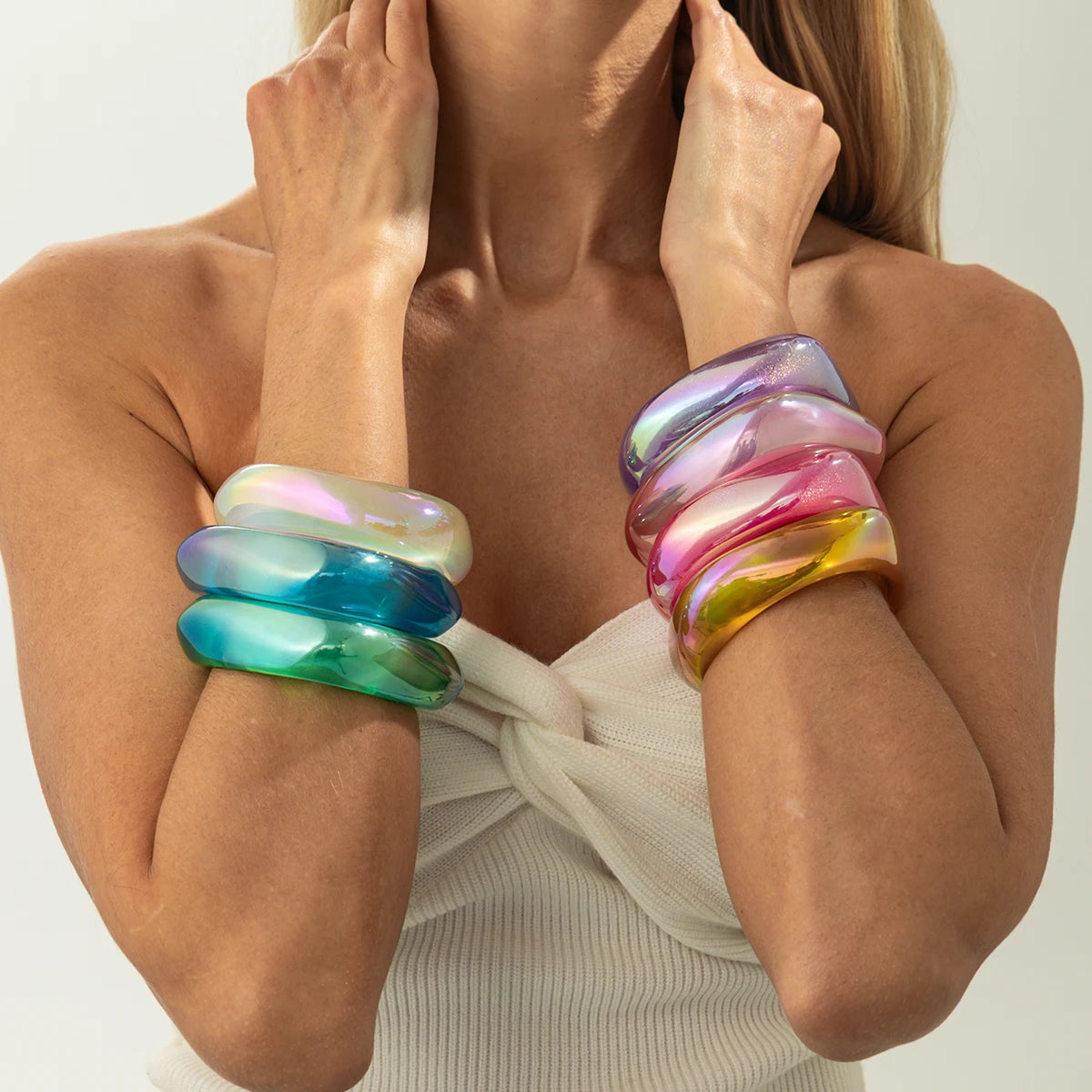 Salircon Fashion 7 Styles Colorful Transparent Resin Irregular Geometric Bangles Women Boho Chunky Wide Bracelets Jewelry Gifts