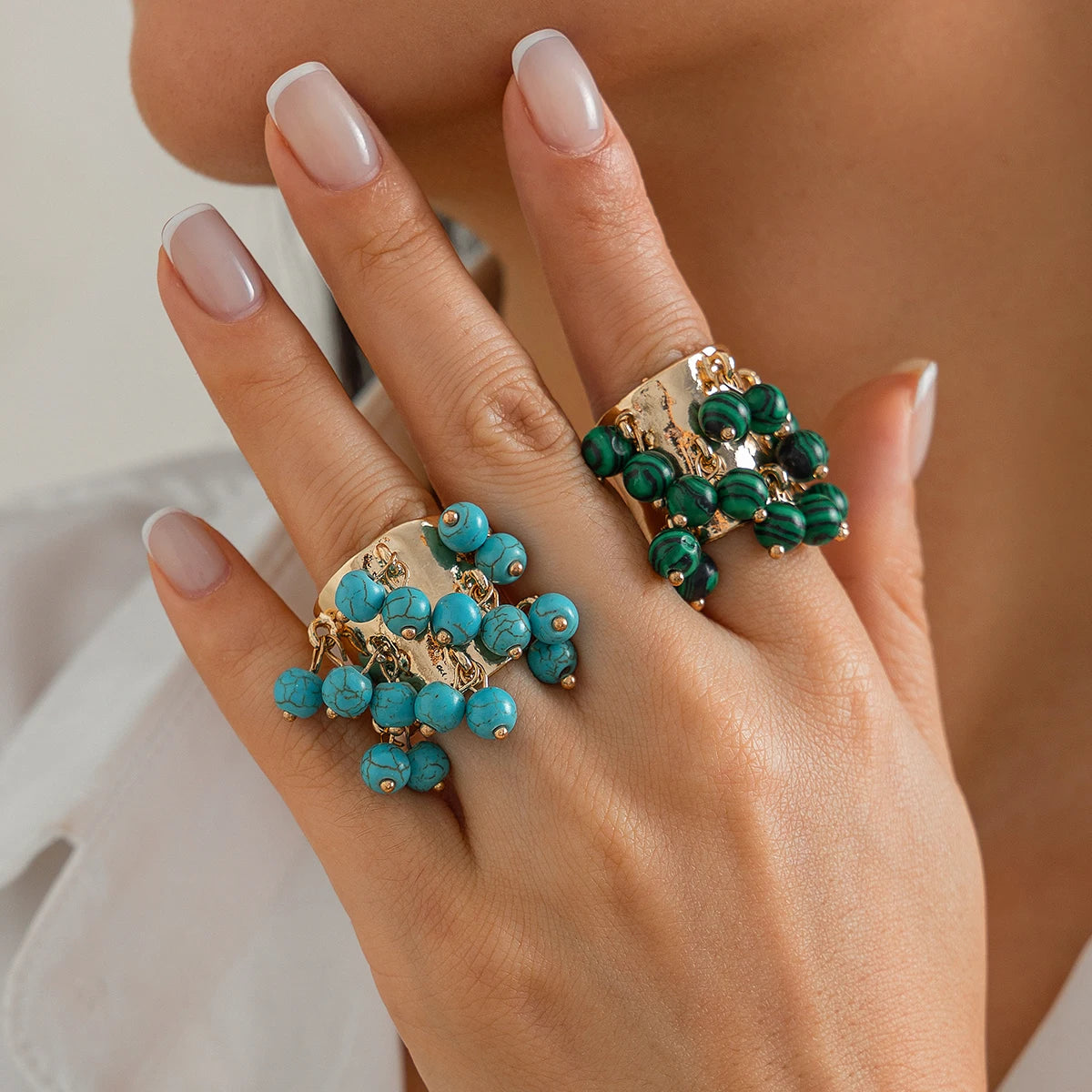 Salircon Trendy Imitation Pearl Stone CCB Small Ball Ring Women's Man 2024 Vintage Street Punk Hip Hop Ring Female Jewelry